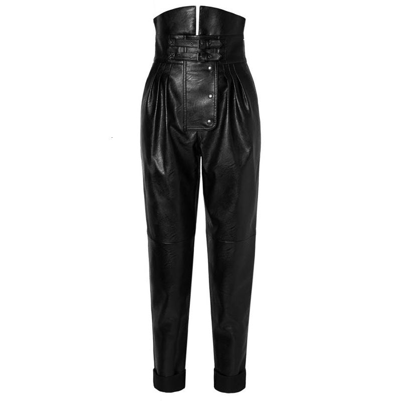Women's High-Waist PU Leather Slim Tapered Trousers