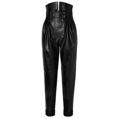 Women's High-Waist PU Leather Slim Tapered Trousers