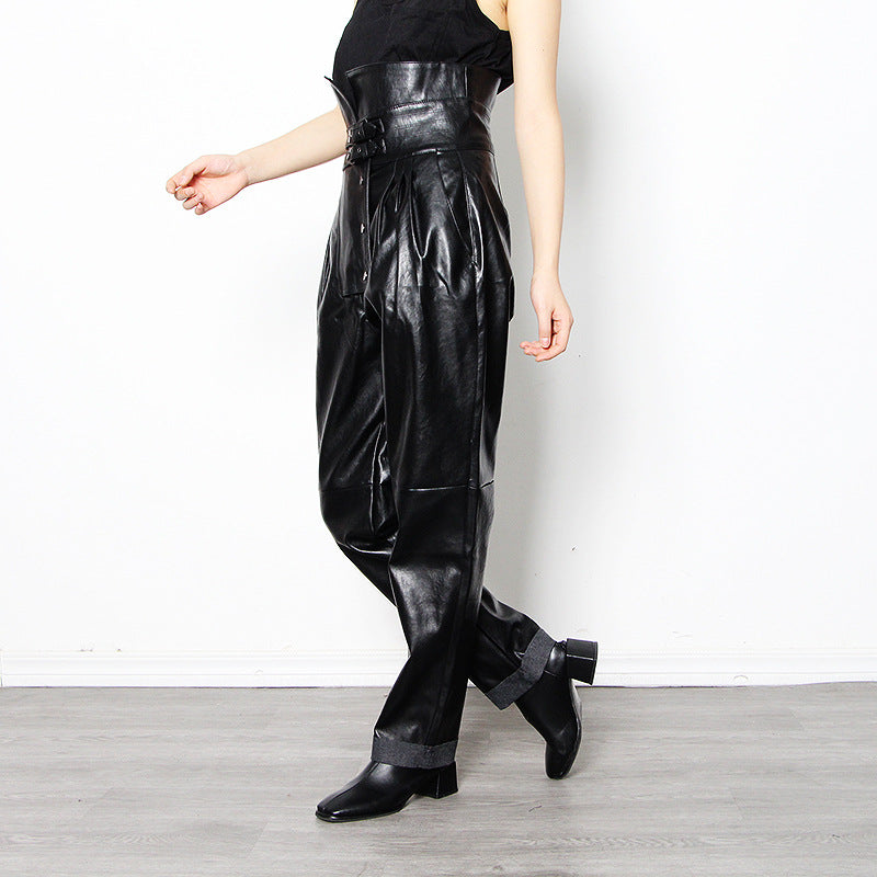 Women's High-Waist PU Leather Slim Tapered Trousers