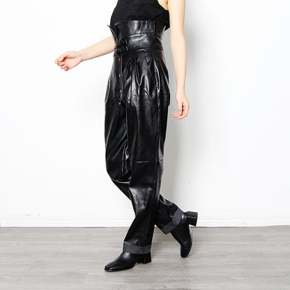 Women's High-Waist PU Leather Slim Tapered Trousers
