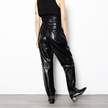 Women's High-Waist PU Leather Slim Tapered Trousers