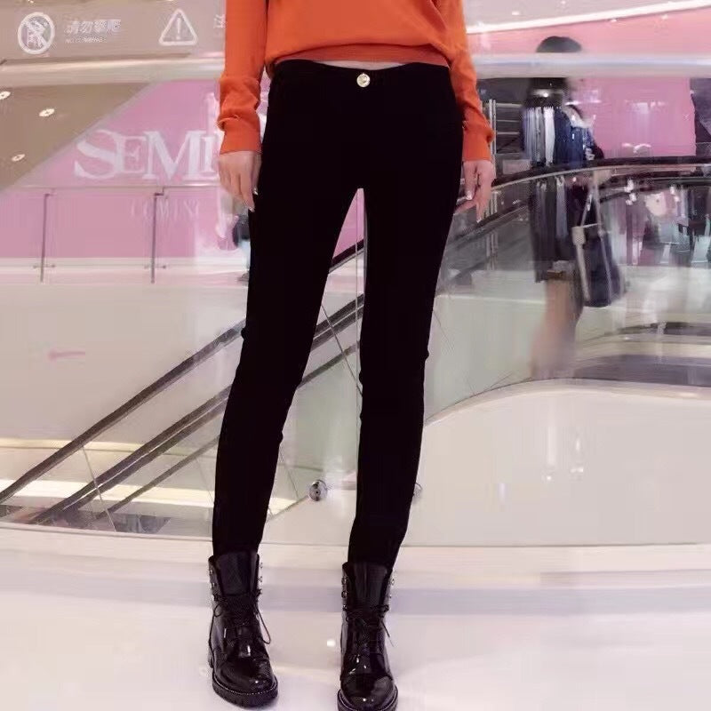 Fleece-Lined Faux Leather Pencil Pants - Black Skinny Trousers
