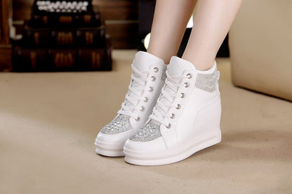 Women's High Top Wedge Platform Sneakers with Rhinestone - Patent Leather Fashion Shoes