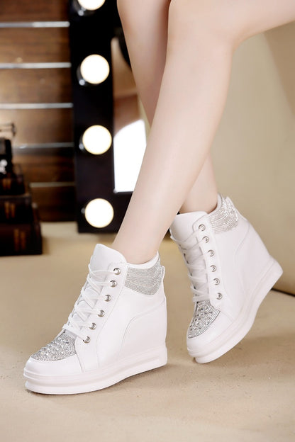 Women's High Top Wedge Platform Sneakers with Rhinestone - Patent Leather Fashion Shoes