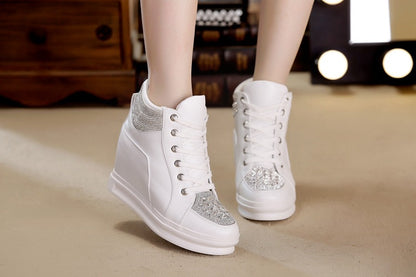 Women's High Top Wedge Platform Sneakers with Rhinestone - Patent Leather Fashion Shoes