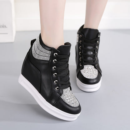 Women's High Top Wedge Platform Sneakers with Rhinestone - Patent Leather Fashion Shoes