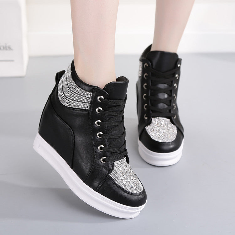 Women's High Top Wedge Platform Sneakers with Rhinestone - Patent Leather Fashion Shoes