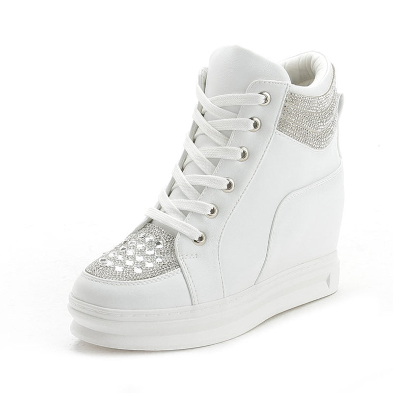 Women's High Top Wedge Platform Sneakers with Rhinestone - Patent Leather Fashion Shoes