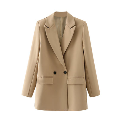 Double-Breasted Blazer Jacket - Women's Loose Fit Polyester Suit
