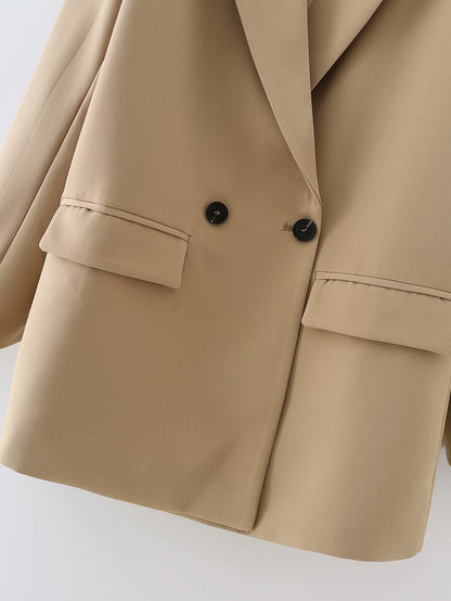 Double-Breasted Blazer Jacket - Women's Loose Fit Polyester Suit