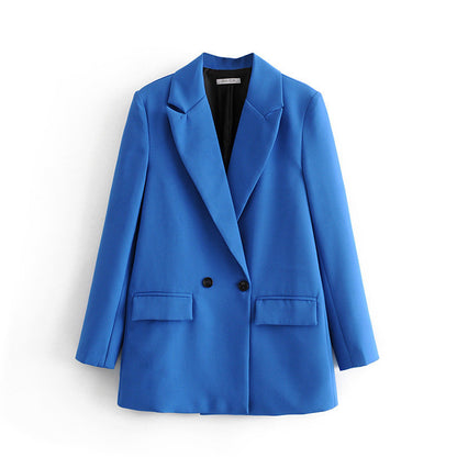Double-Breasted Blazer Jacket - Women's Loose Fit Polyester Suit