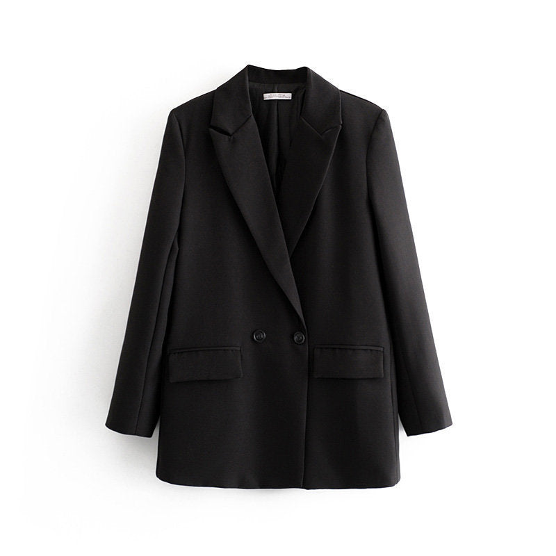 Double-Breasted Blazer Jacket - Women's Loose Fit Polyester Suit