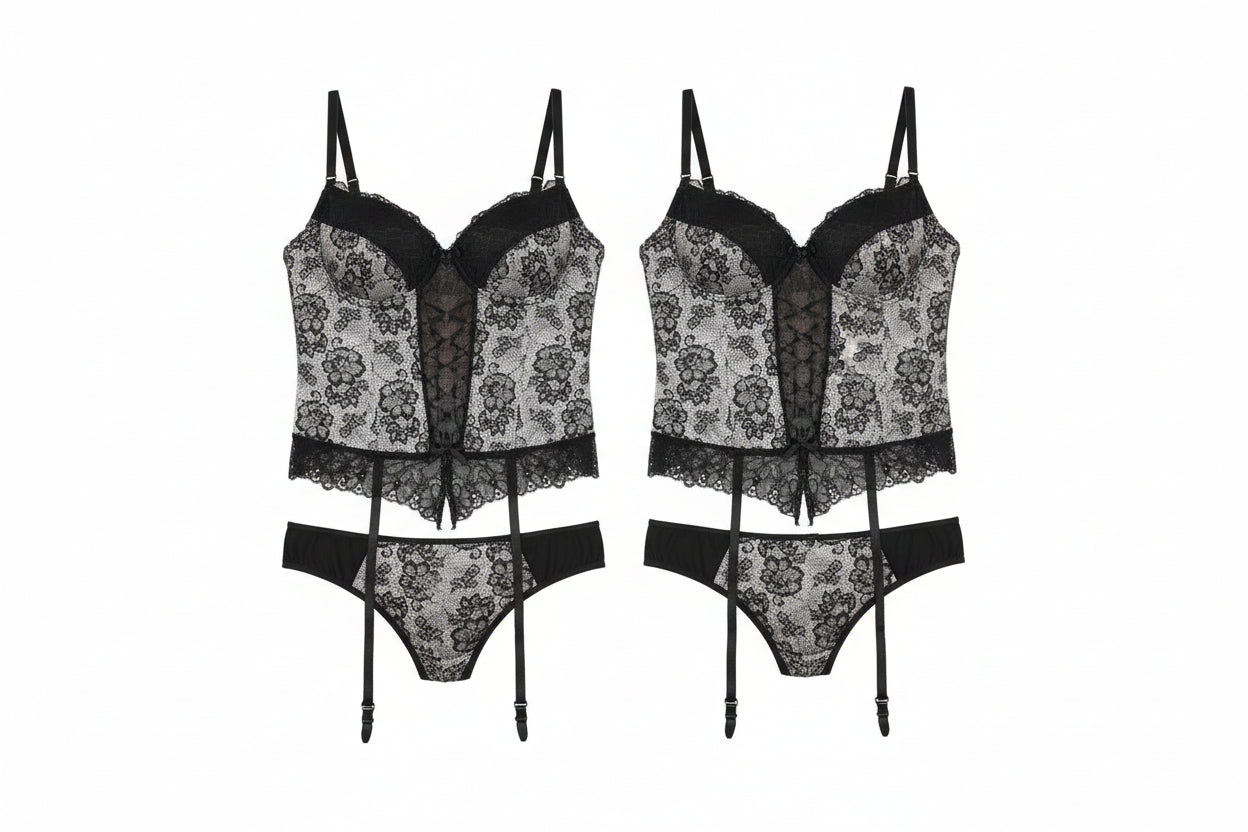 Women's Lace Garter Lingerie Set - Delicate Retro Design with Stockings