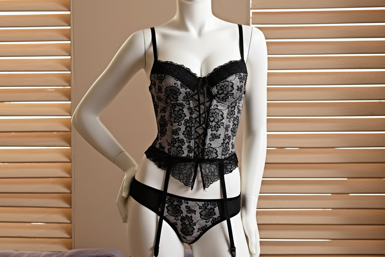 Women's Lace Garter Lingerie Set - Delicate Retro Design with Stockings
