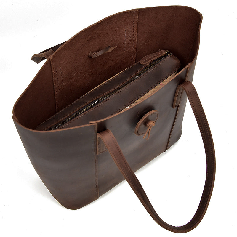 Women's Crazy Horse Leather Tote Bag - Vintage Full-Grain Leather Handbag