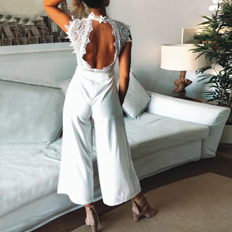 Women's Long Jumpsuit Summer Romper - Casual Overalls with Hollow Design