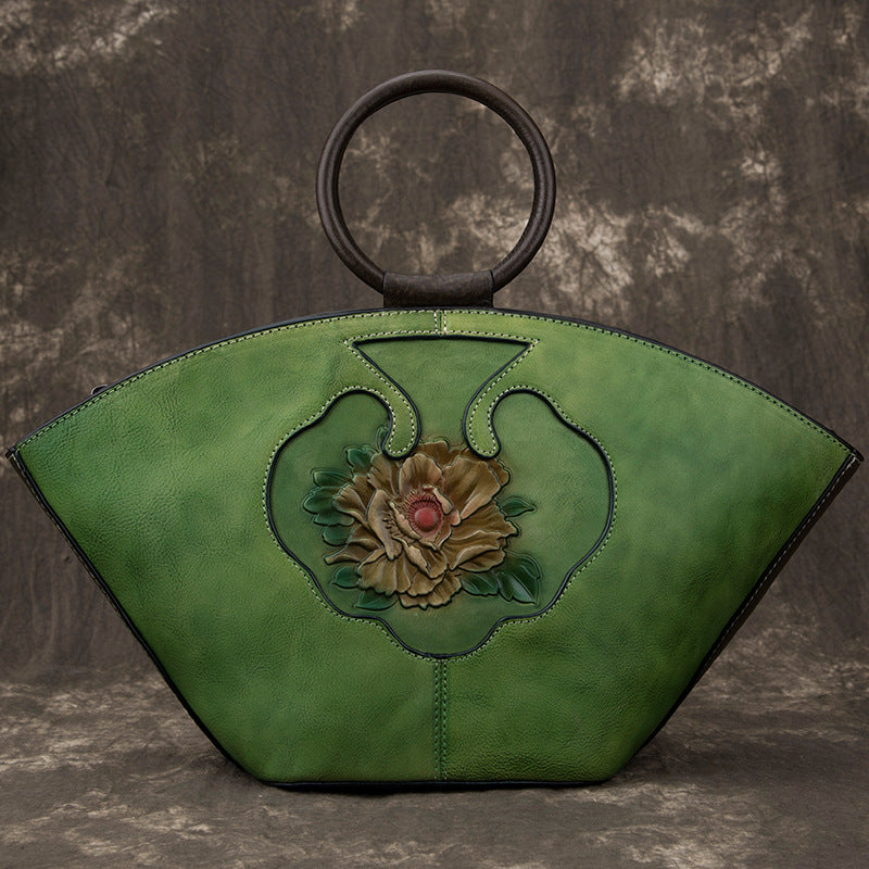 Vintage Hand-Painted Embossed Flowers Genuine Cowhide Leather Crossbody Bag
