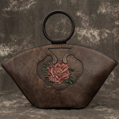 Vintage Hand-Painted Embossed Flowers Genuine Cowhide Leather Crossbody Bag