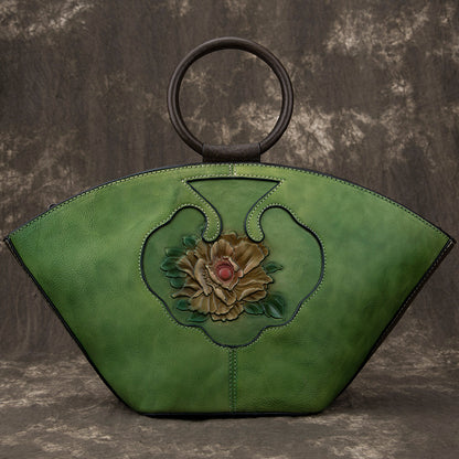 Vintage Hand-Painted Embossed Flowers Genuine Cowhide Leather Crossbody Bag