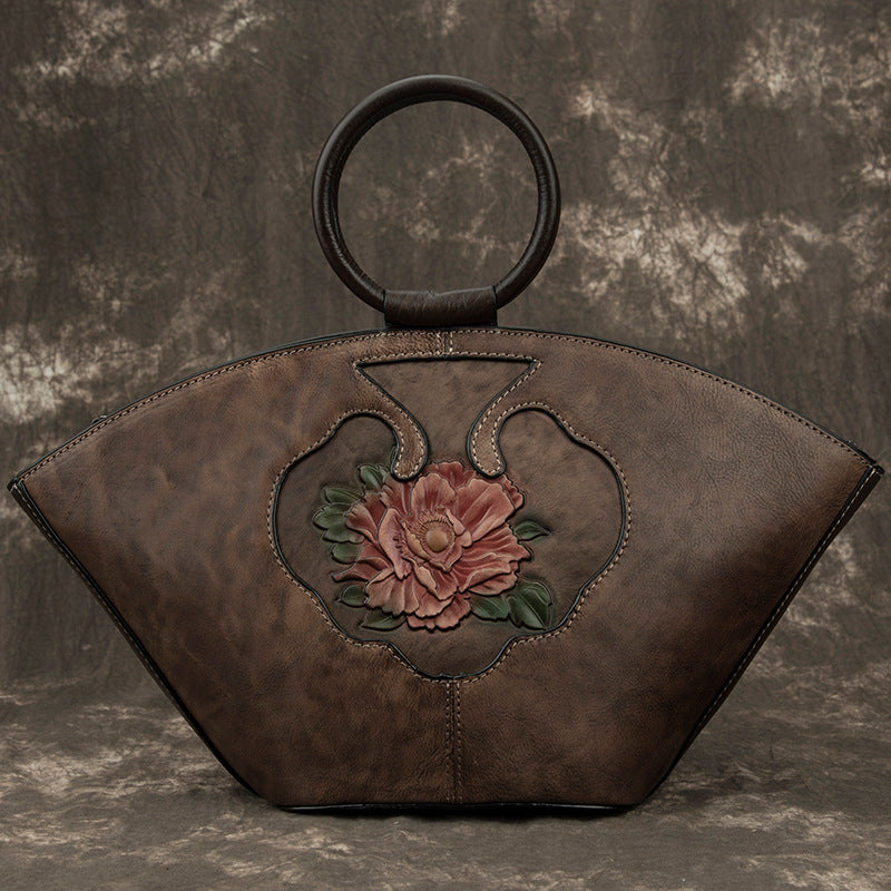 Vintage Hand-Painted Embossed Flowers Genuine Cowhide Leather Crossbody Bag