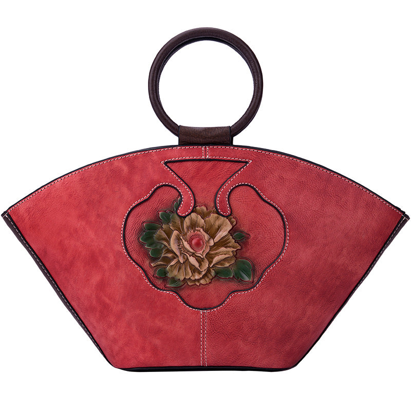 Vintage Hand-Painted Embossed Flowers Genuine Cowhide Leather Crossbody Bag