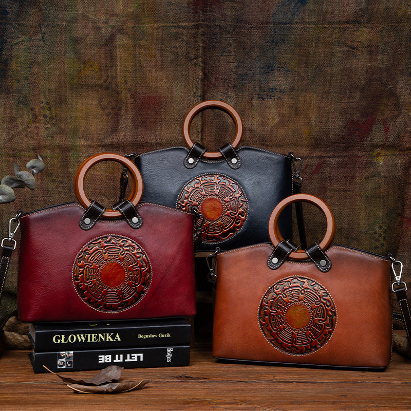 Women's Vintage Designer Leather Shoulder Bag - Genuine Leather Handbag with Classic European Style