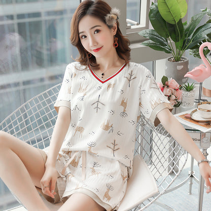 Giraffe Print Short Sleeve Pajama Set - Summer Sleepwear