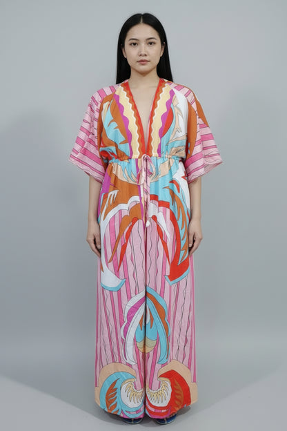 V-Neck Printed Maxi Dress with Lace-Up Detail - Three-Quarter Sleeve Princess Dress