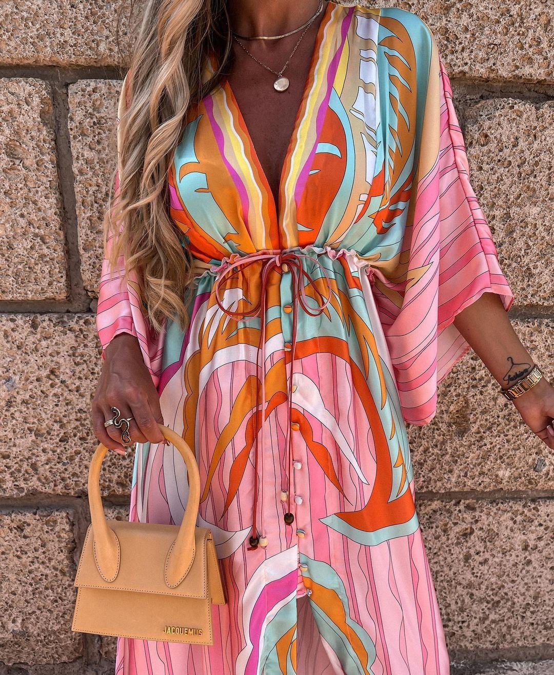 V-Neck Printed Maxi Dress with Lace-Up Detail - Three-Quarter Sleeve Princess Dress