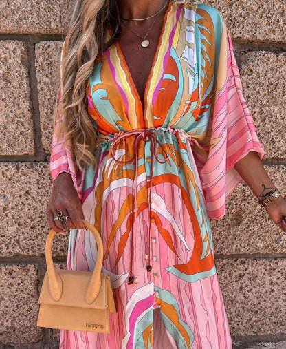 V-Neck Printed Maxi Dress with Lace-Up Detail - Three-Quarter Sleeve Princess Dress