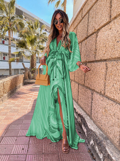 V-Neck Printed Maxi Dress with Lace-Up Detail - Three-Quarter Sleeve Princess Dress