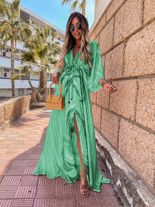 V-Neck Printed Maxi Dress with Lace-Up Detail - Three-Quarter Sleeve Princess Dress