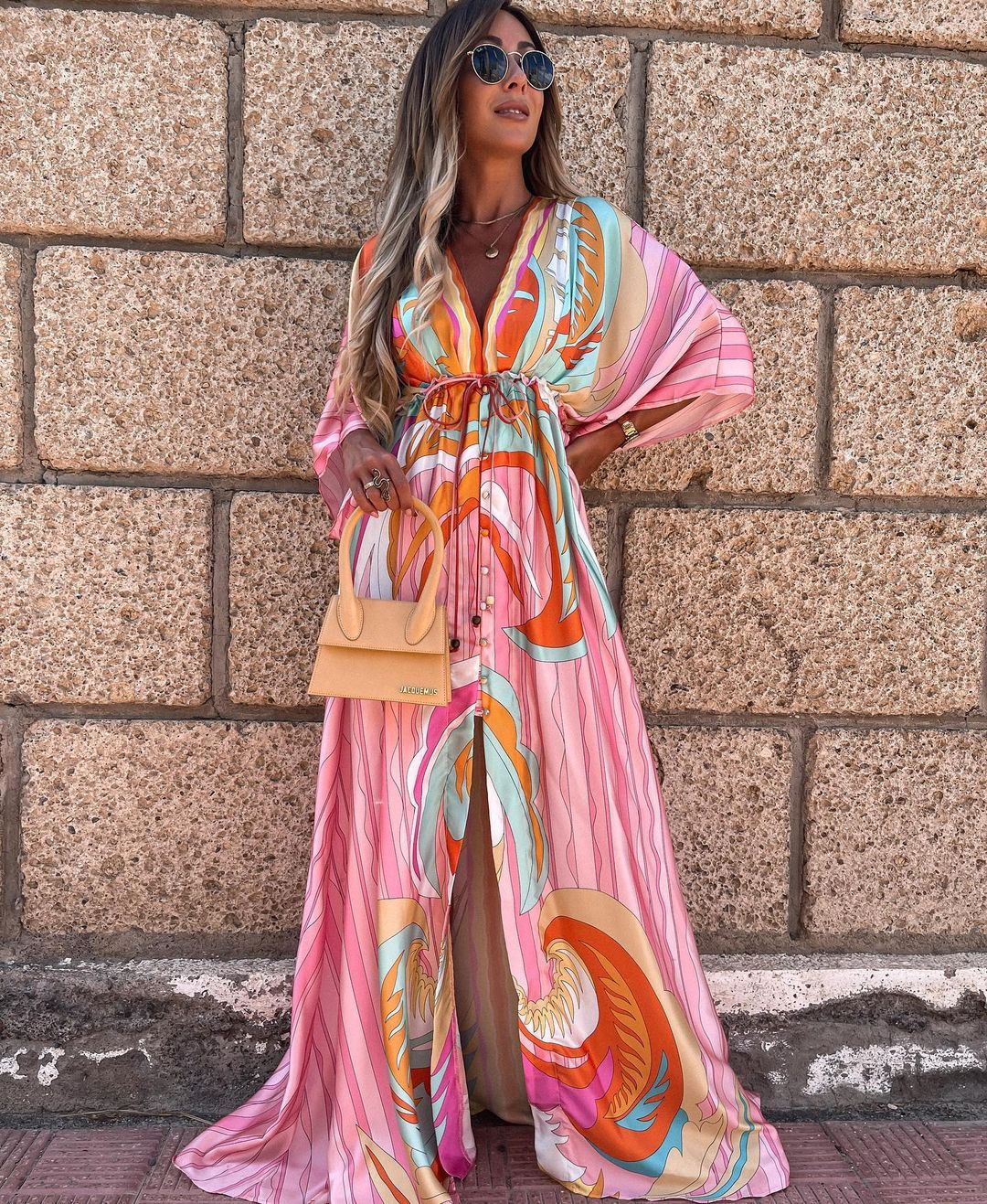 V-Neck Printed Maxi Dress with Lace-Up Detail - Three-Quarter Sleeve Princess Dress