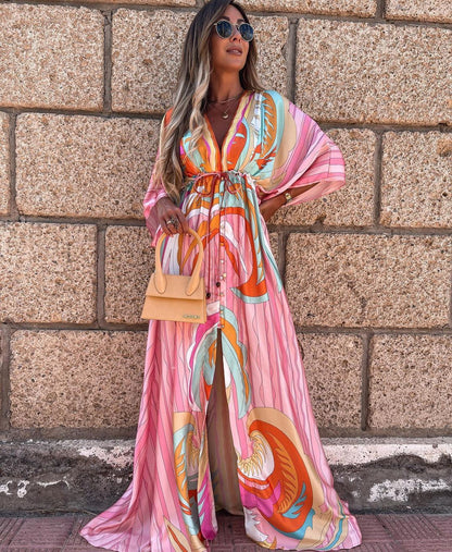V-Neck Printed Maxi Dress with Lace-Up Detail - Three-Quarter Sleeve Princess Dress