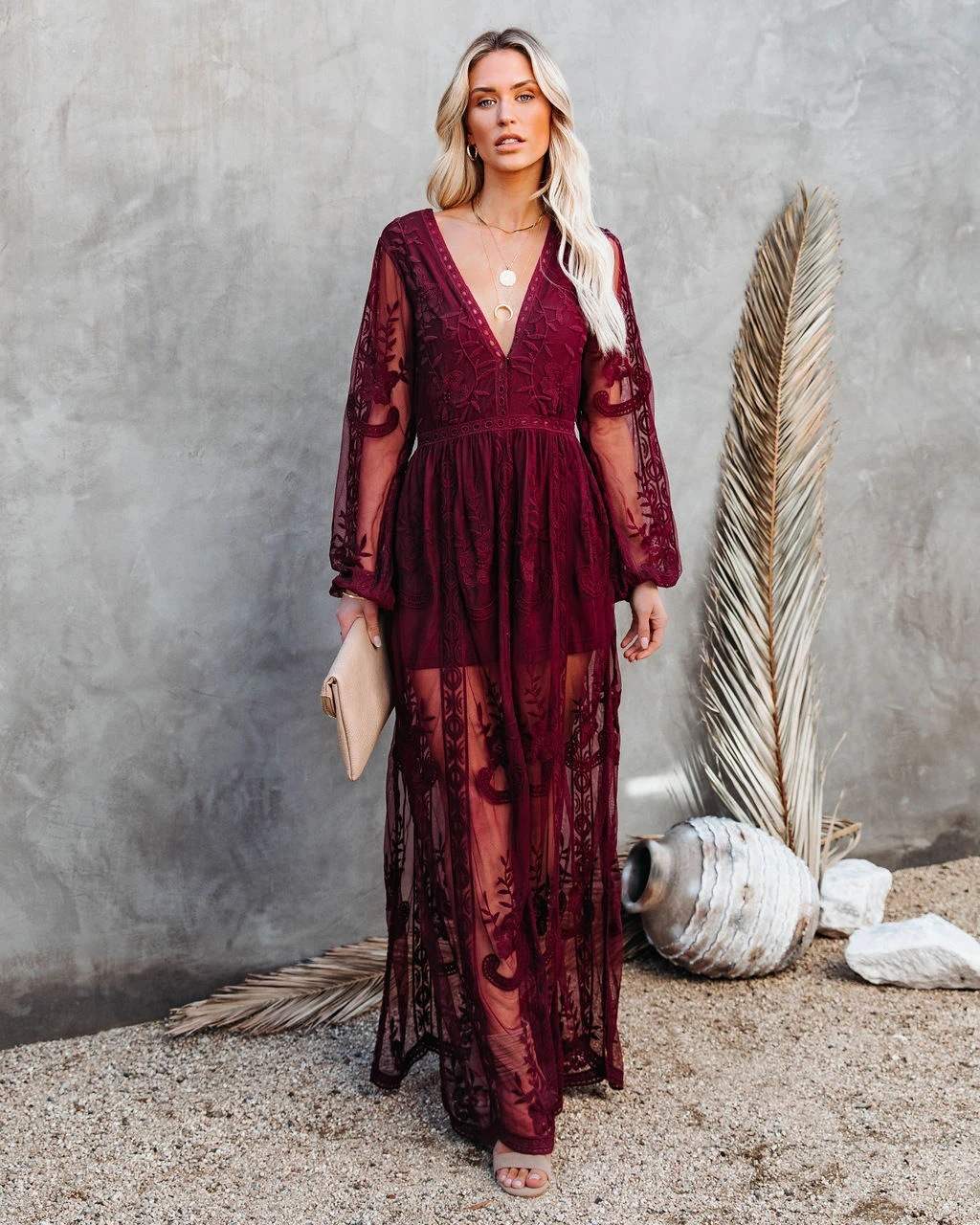 Women's Floor-Length V-Neck Long Sleeve Split Maxi Dress - Summer Evening Dress
