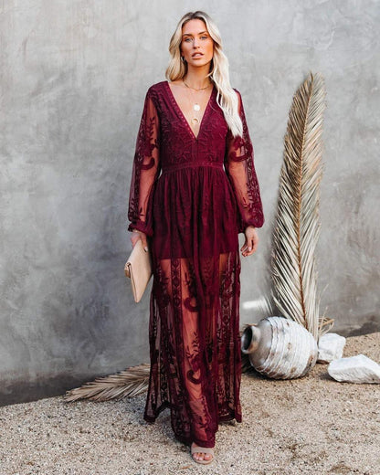 Women's Floor-Length V-Neck Long Sleeve Split Maxi Dress - Summer Evening Dress