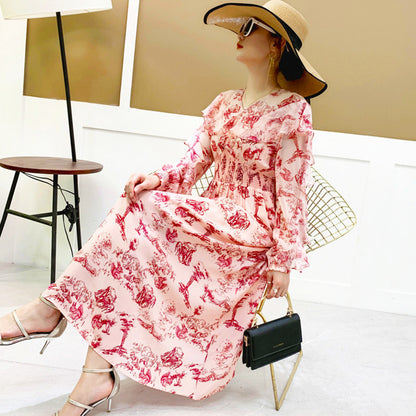 Printed Silk Midi Dress - V-neck Sleeveless Swing Dress