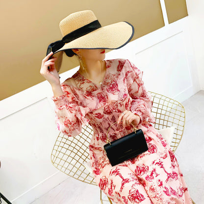 Printed Silk Midi Dress - V-neck Sleeveless Swing Dress