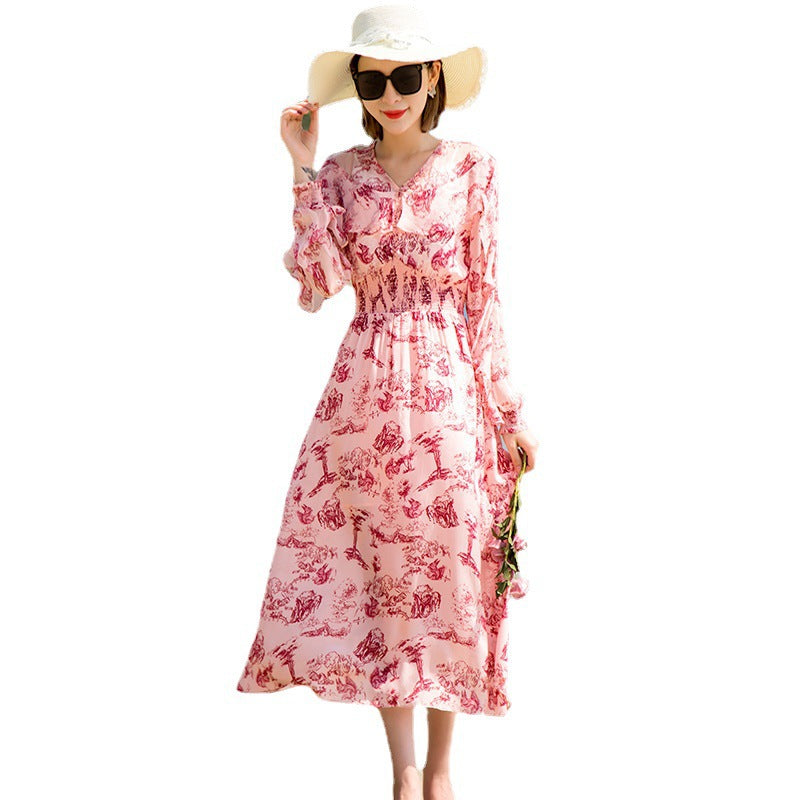 Printed Silk Midi Dress - V-neck Sleeveless Swing Dress