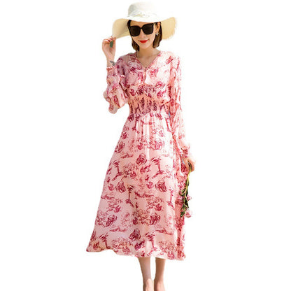 Printed Silk Midi Dress - V-neck Sleeveless Swing Dress