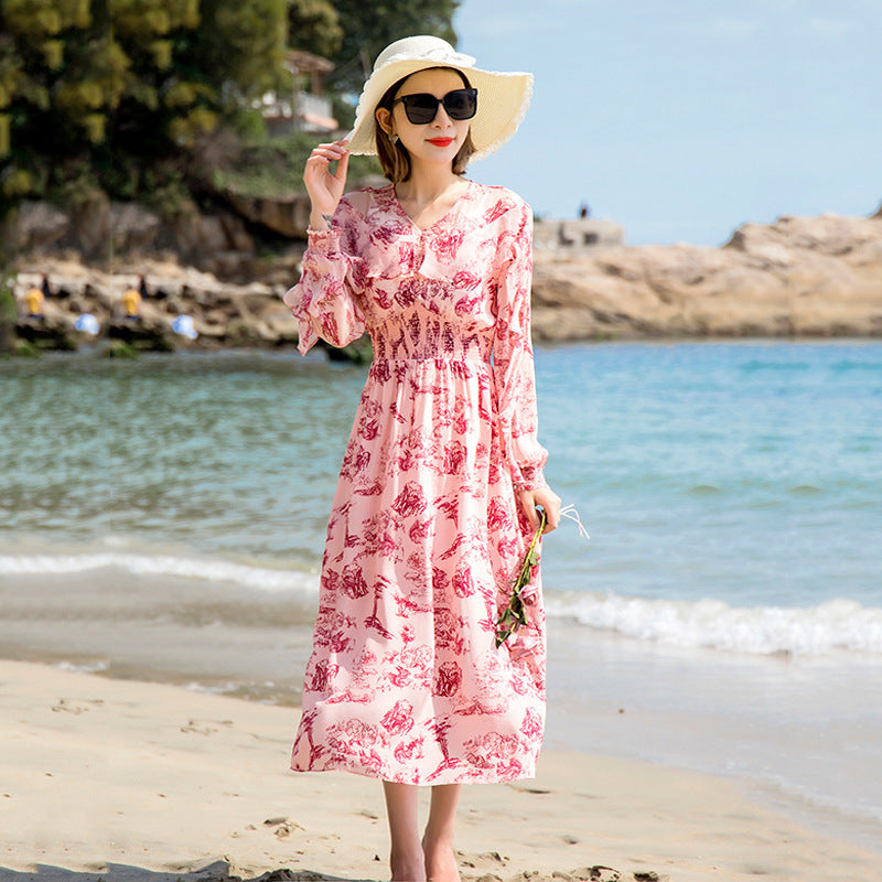 Printed Silk Midi Dress - V-neck Sleeveless Swing Dress