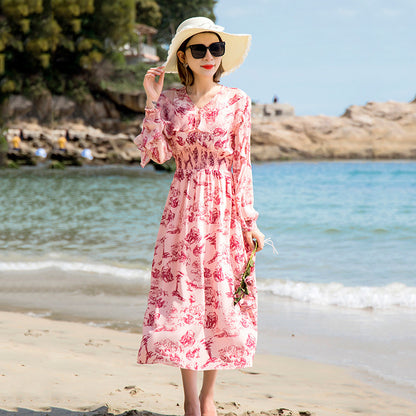 Printed Silk Midi Dress - V-neck Sleeveless Swing Dress