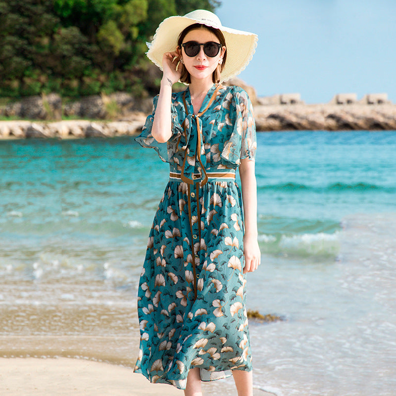 French Silk Floral A-line Midi Dress - Elegant Waist Detail