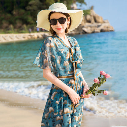 French Silk Floral A-line Midi Dress - Elegant Waist Detail
