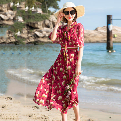 French Silk Floral A-line Midi Dress - Elegant Waist Detail