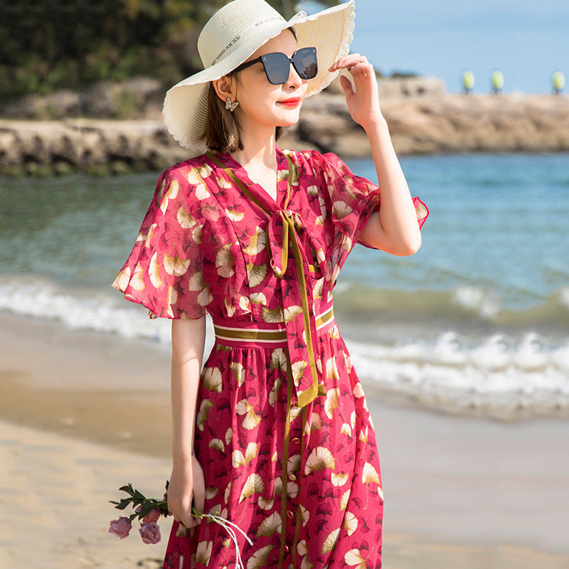 French Silk Floral A-line Midi Dress - Elegant Waist Detail