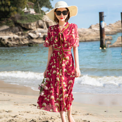 French Silk Floral A-line Midi Dress - Elegant Waist Detail