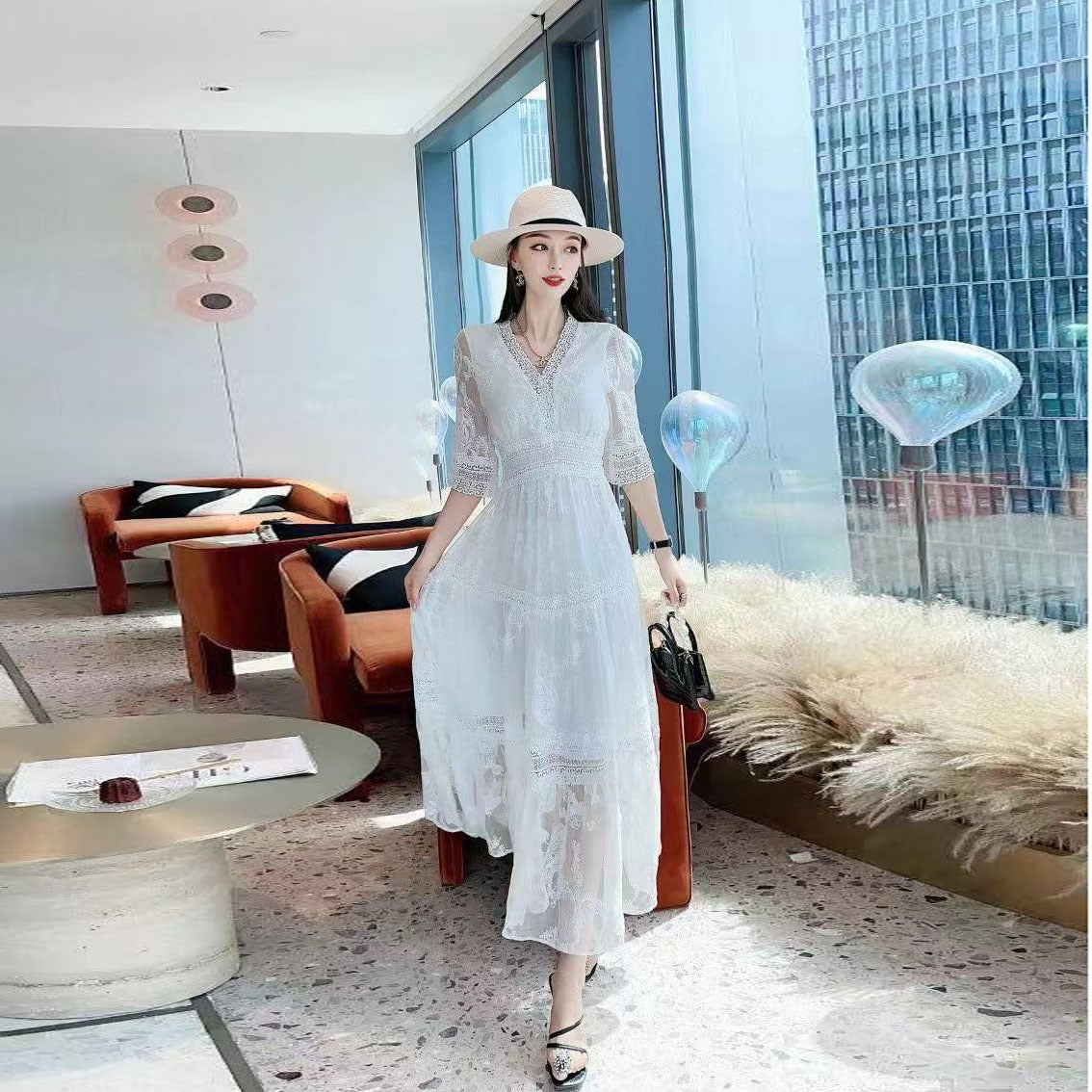 New Elegant And Feminine V-neck Embroidered Silk Long Fairy Skirt
