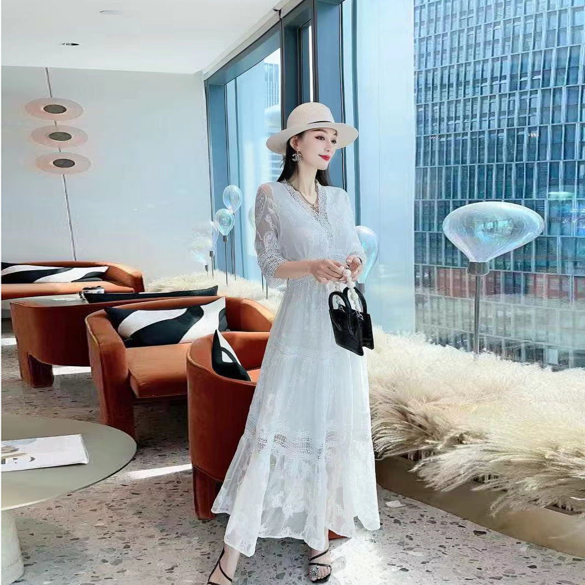 New Elegant And Feminine V-neck Embroidered Silk Long Fairy Skirt