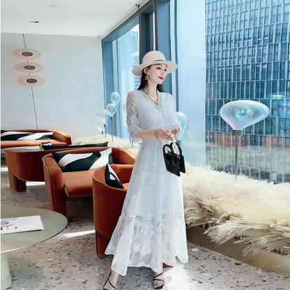 New Elegant And Feminine V-neck Embroidered Silk Long Fairy Skirt